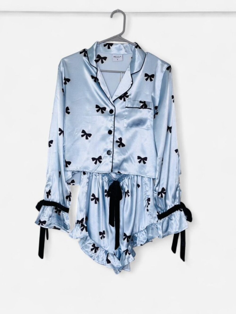 Bella Sleep Spa Cropped PJ Set Blue Black Bow Velvet Ties Sz Small